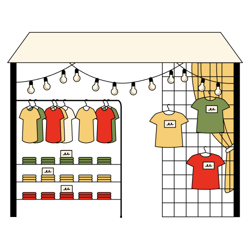 Market stall gazebo with clothes and lights hanging from the roof. Red, green and yellow colours.
