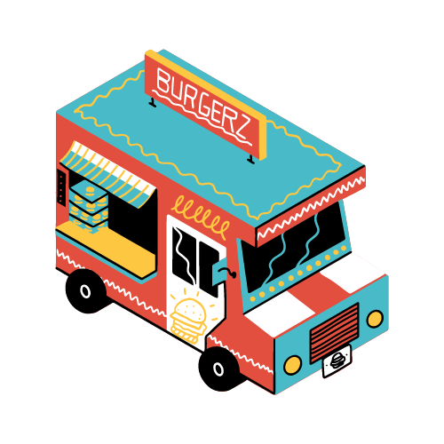 Food burger van - multi colours, red, teal and white.